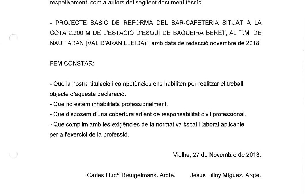 Proyecto básico reforma de bar-cafetería Núcleo  - Ajuntament de Naut  Aran